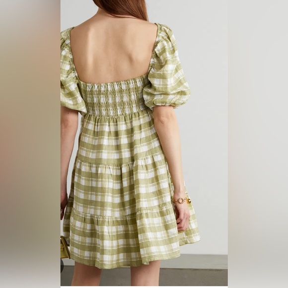 Faithfull the Brand Leilani Shirred Checked Linen Mini Dress, Sage Green, SM - Picture 3 of 7